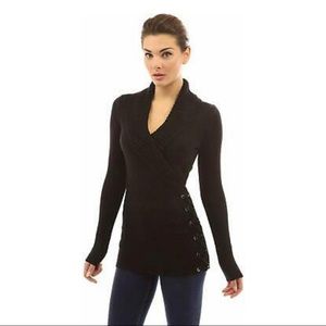 PattyBoutik Shawl Collar Faux Wrap LaceUp Sweater